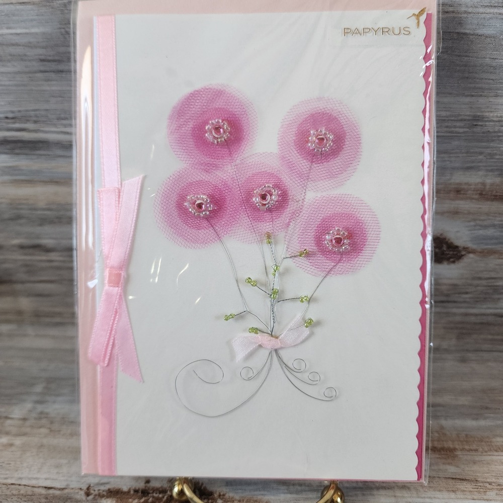 Papyrus Blank Greeting Card Pink Tulle Flowers Beaded 3D Embellished 07054010